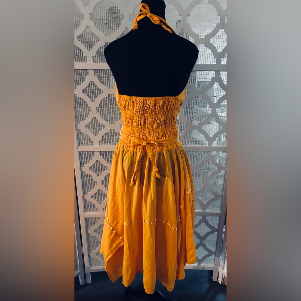 EMBROIDERED SMALL Orange Gold Halter Dress  Floral Boho Cottage Core - Picture 4 of 14
